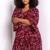 Roman Red Curve Floral Print V Neck Dress