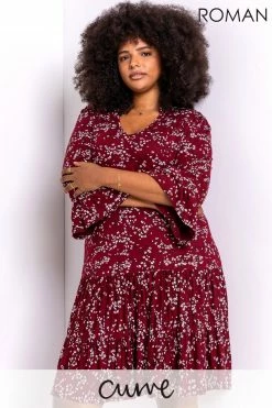 Roman Red Curve Floral Print V Neck Dress