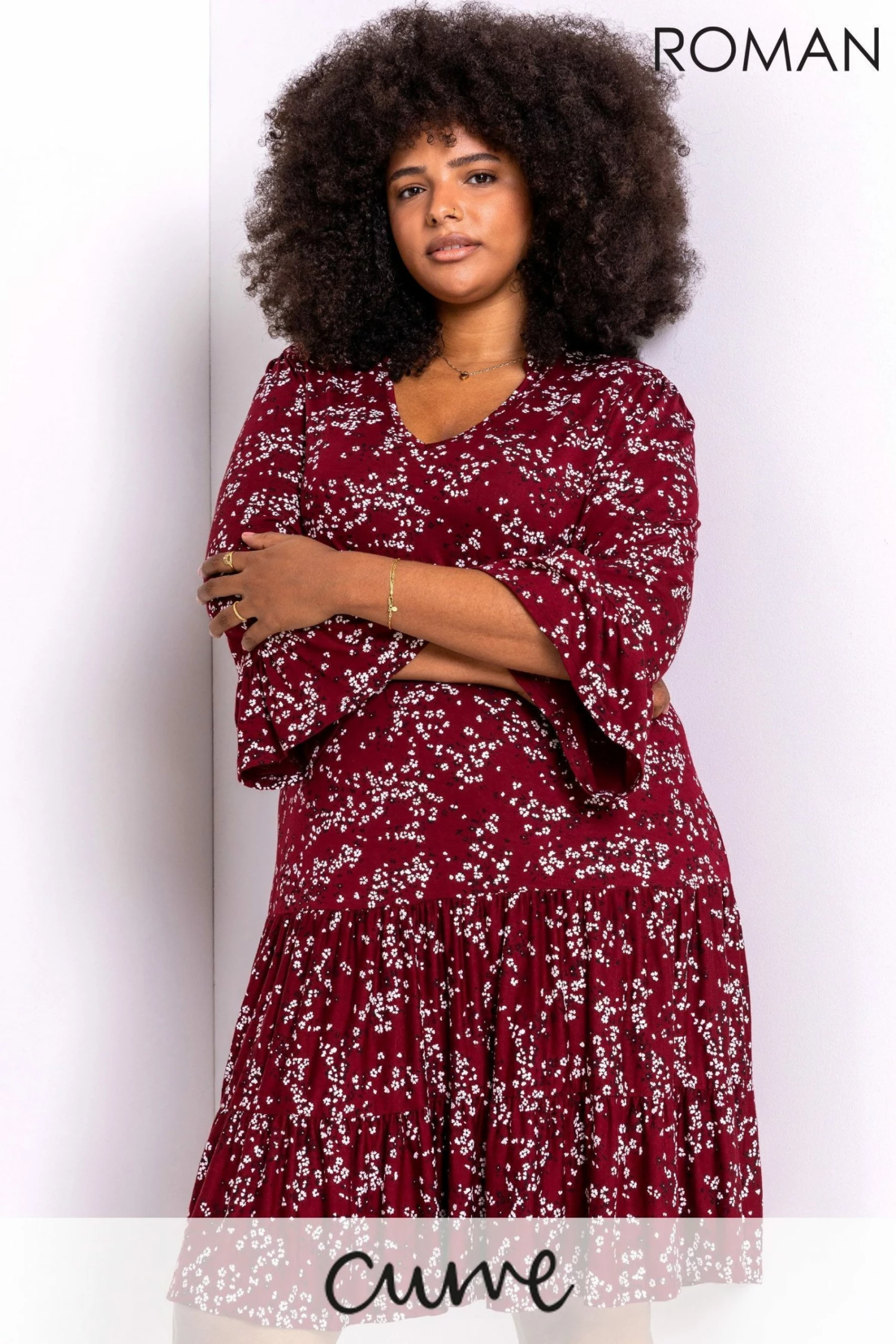 Roman Red Curve Floral Print V Neck Dress 3 Roman Red Curve Floral Print V Neck Dress