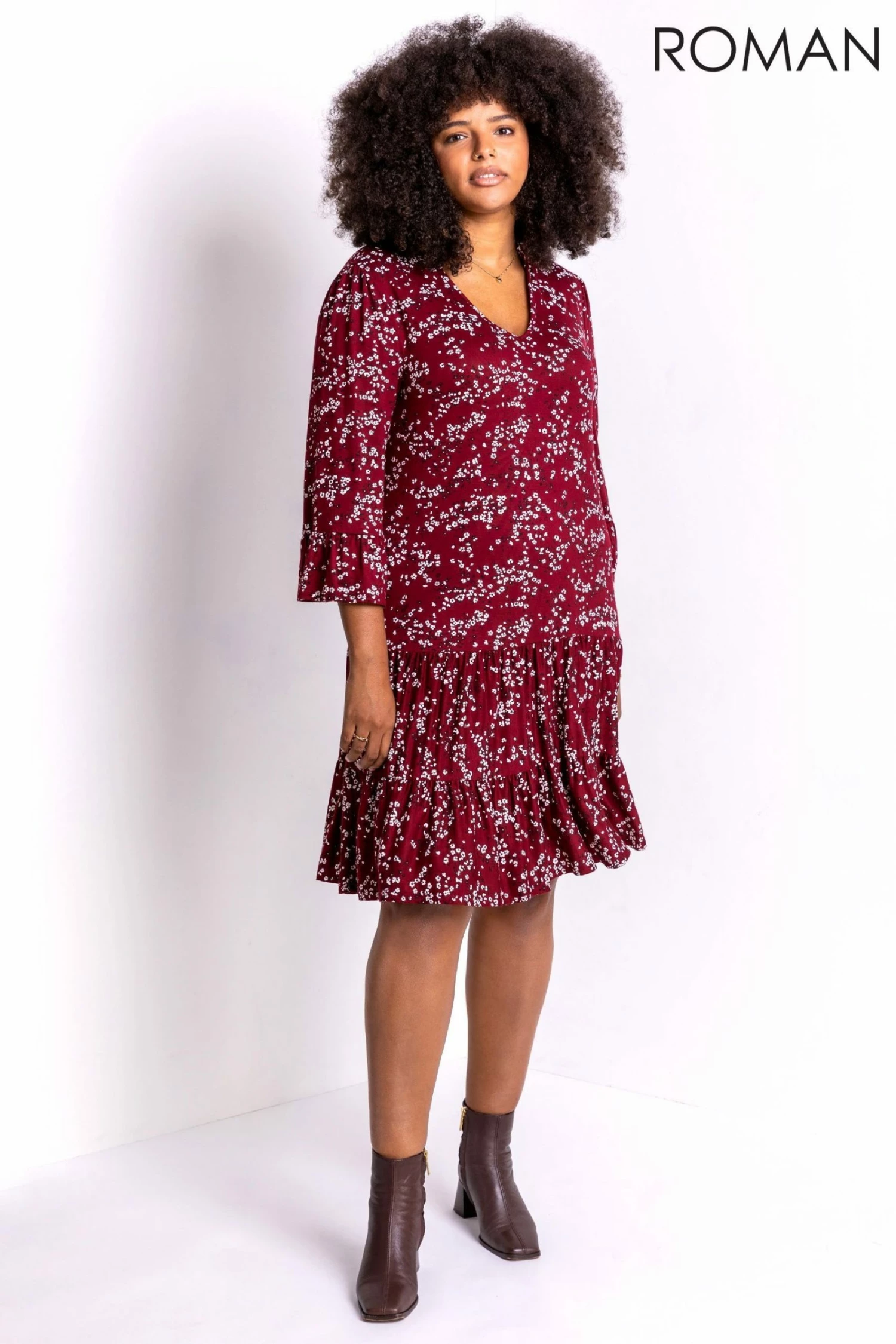 Roman Red Curve Floral Print V Neck Dress 6 Roman Red Curve Floral Print V Neck Dress - Image 4
