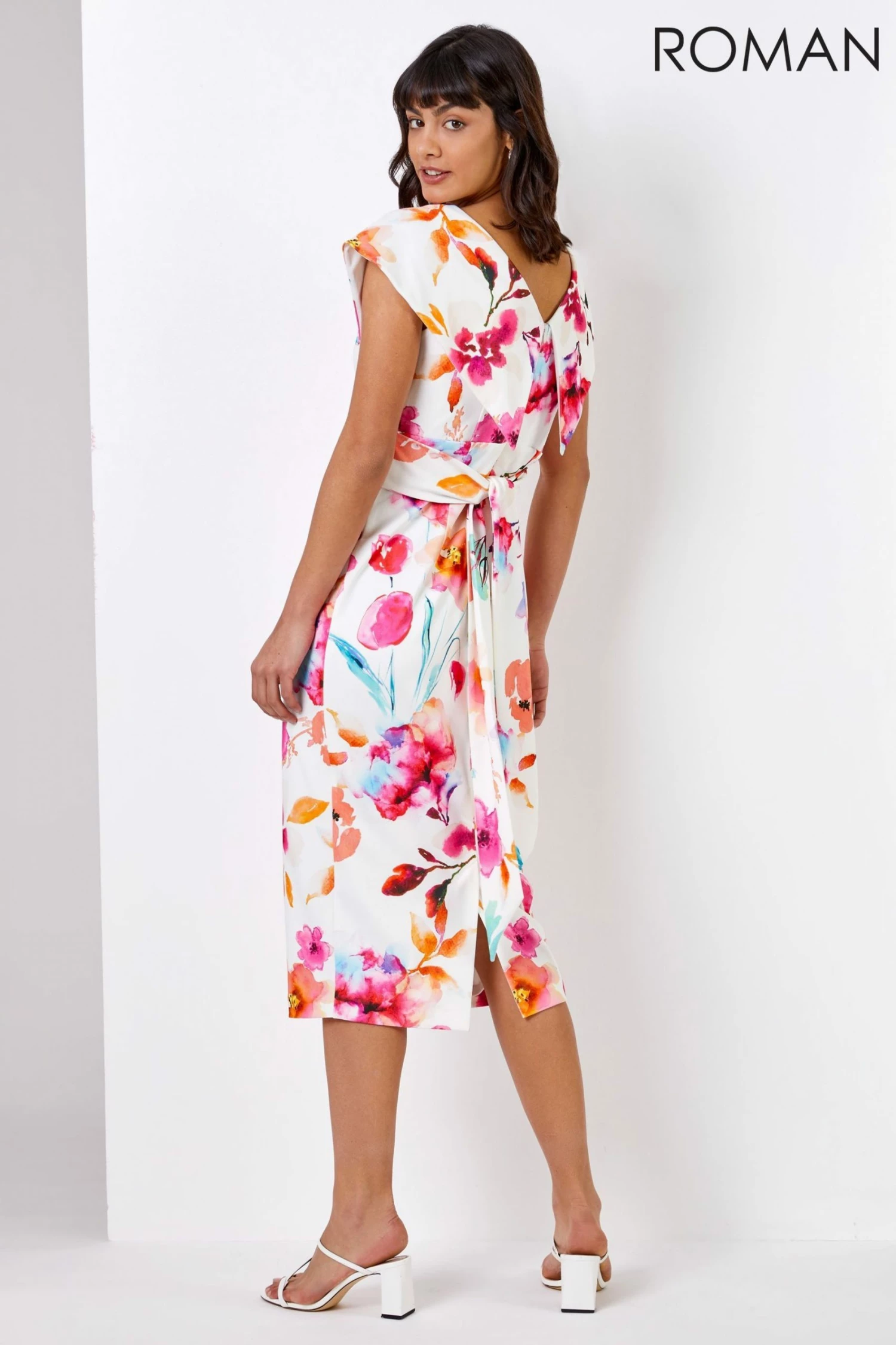 Roman White Floral Print Cross Front Midi Dress 5 Roman White Floral Print Cross Front Midi Dress - Image 3
