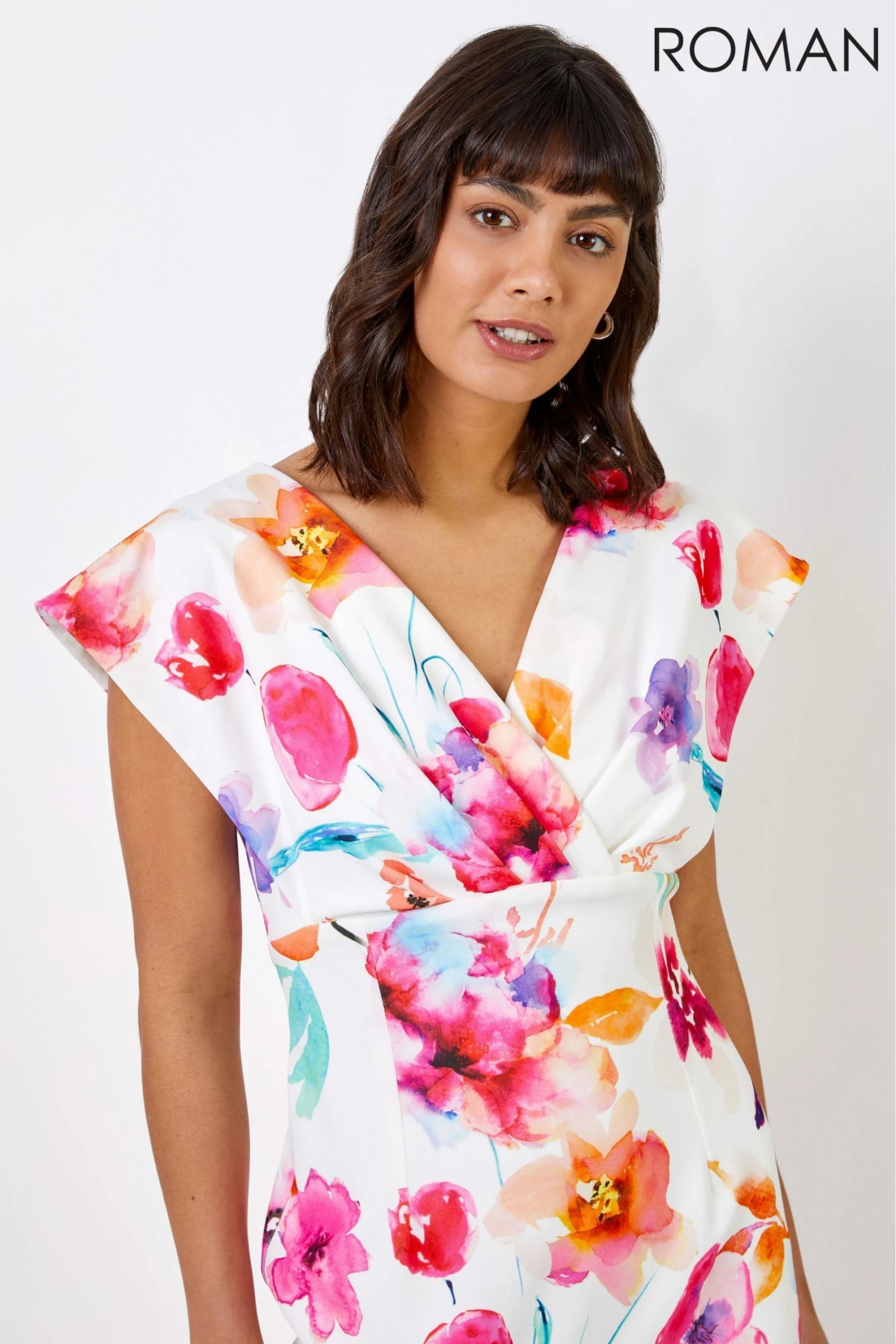 Roman White Floral Print Cross Front Midi Dress 6 Roman White Floral Print Cross Front Midi Dress - Image 4