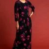 Roman Black Floral Print Gathered Midi Dress