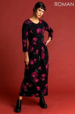 Roman Black Floral Print Gathered Midi Dress
