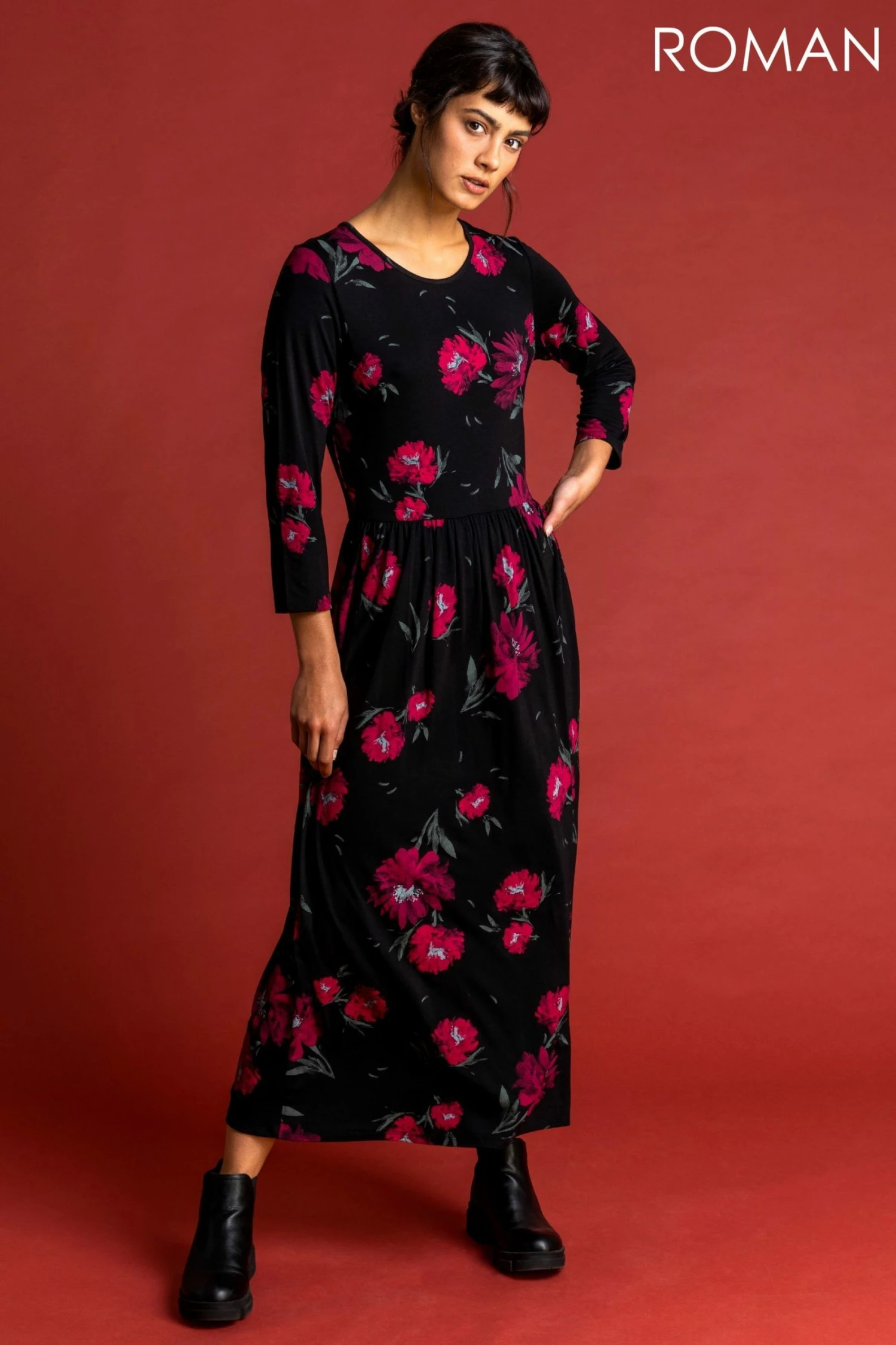 Roman Black Floral Print Gathered Midi Dress 3 Roman Black Floral Print Gathered Midi Dress