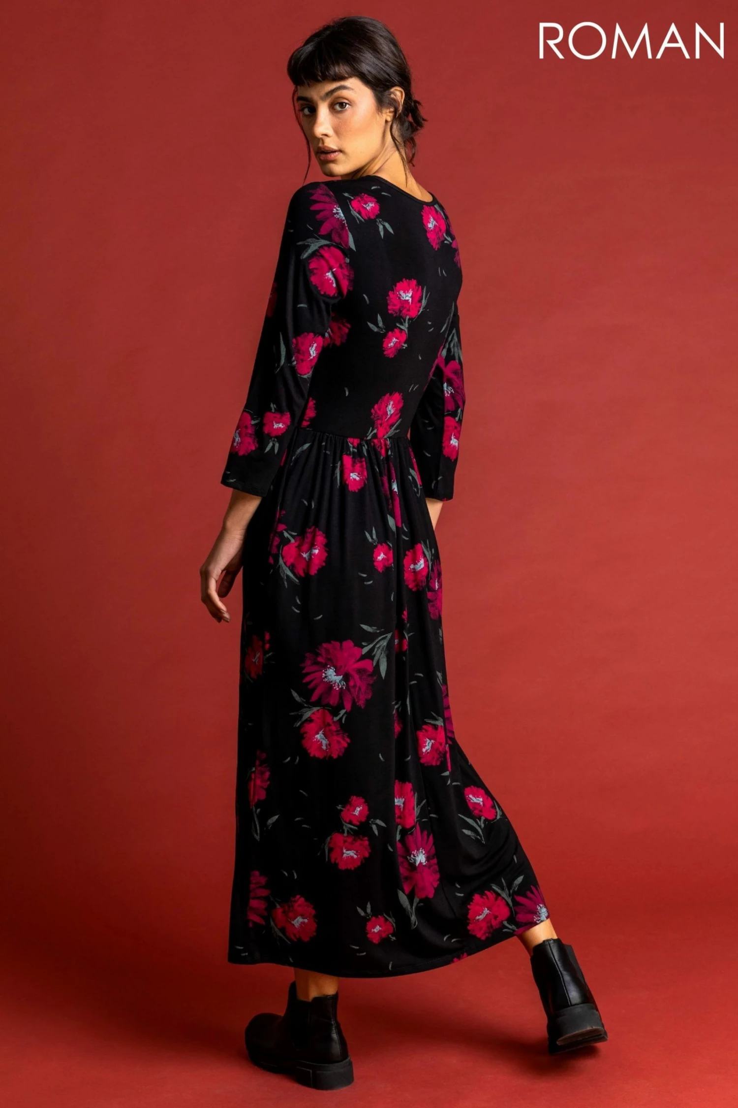 Roman Black Floral Print Gathered Midi Dress 4 Roman Black Floral Print Gathered Midi Dress - Image 2