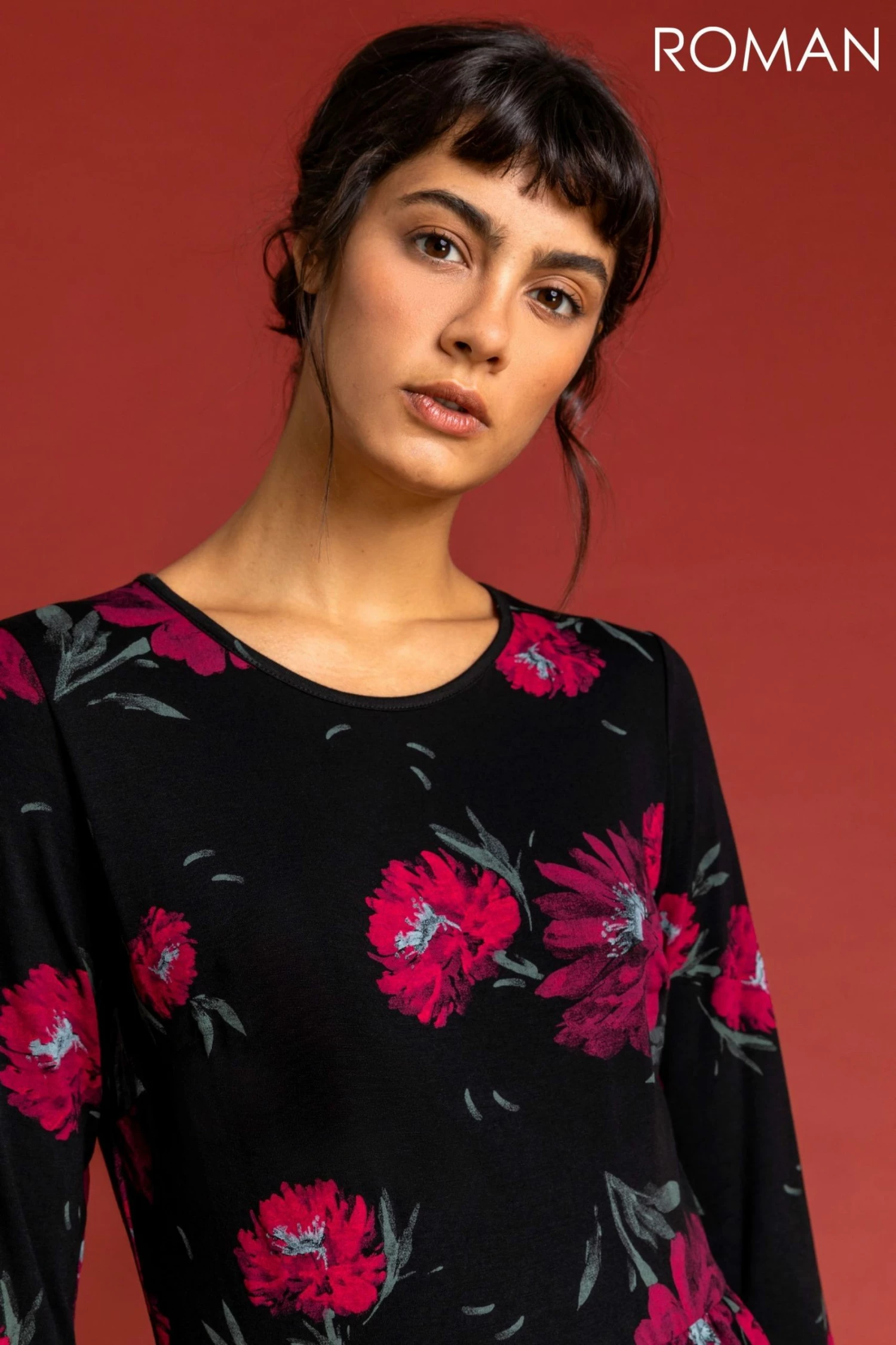 Roman Black Floral Print Gathered Midi Dress 6 Roman Black Floral Print Gathered Midi Dress - Image 4