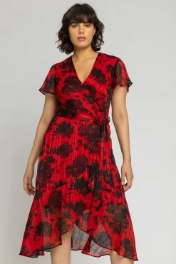 Roman Red Floral Print Wrap Midi Dress