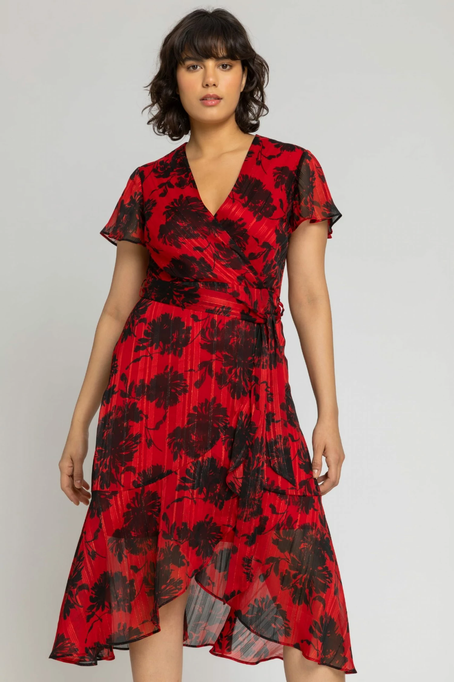Roman Red Floral Print Wrap Midi Dress 3 Roman Red Floral Print Wrap Midi Dress