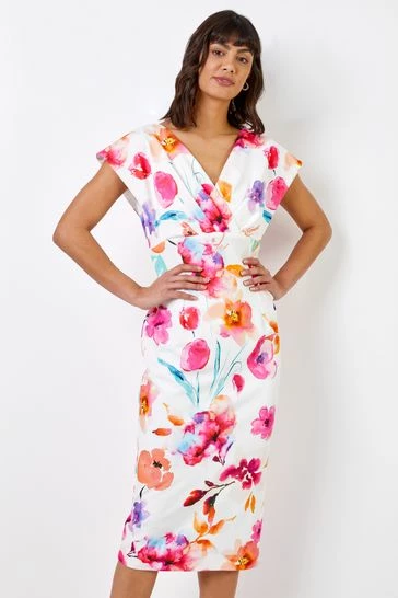 Roman White Floral Print Cross Front Midi Dress 7 Roman White Floral Print Cross Front Midi Dress - Image 5