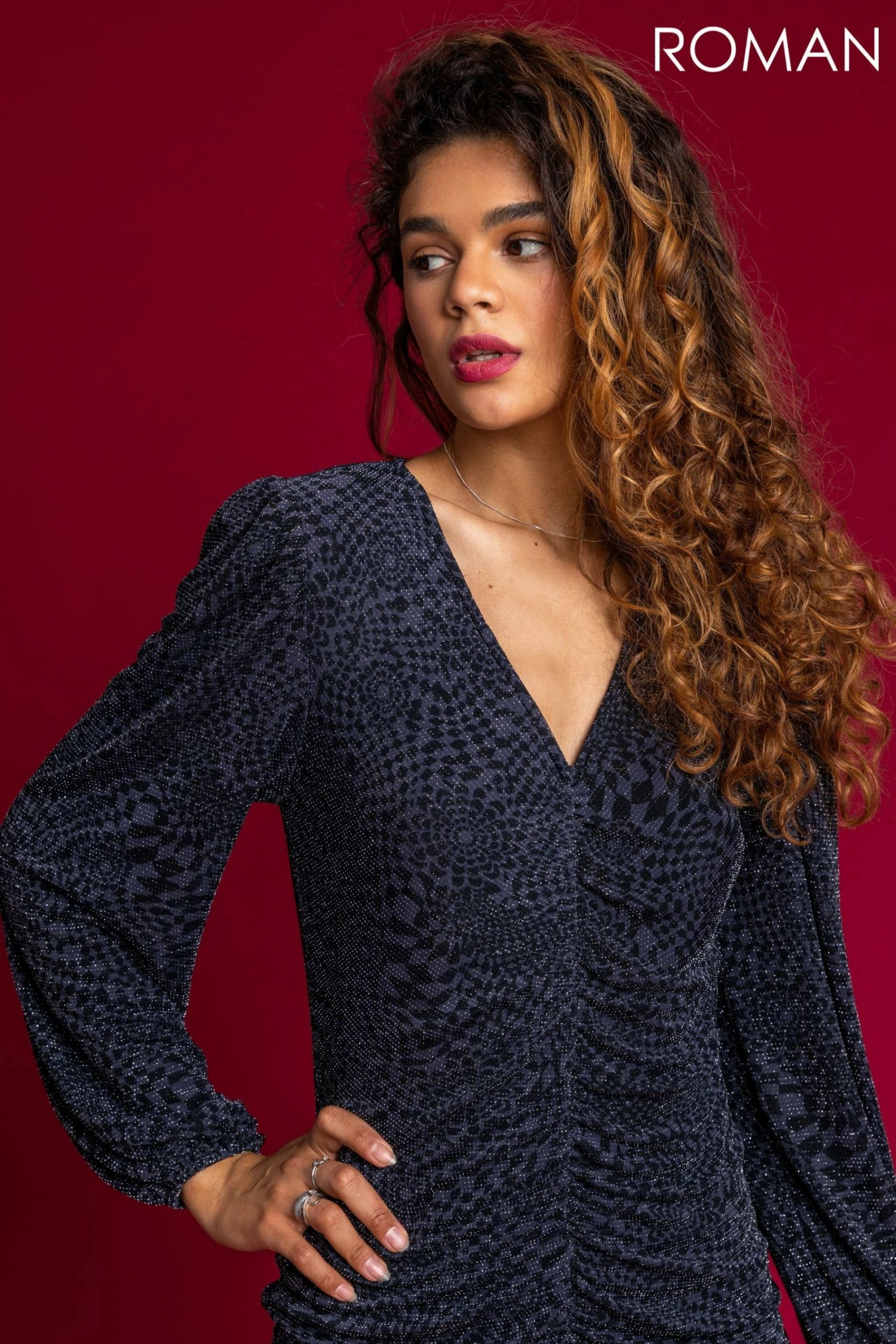 Roman Blue Shimmer Animal Print Ruched Dress 6 Roman Blue Shimmer Animal Print Ruched Dress - Image 4