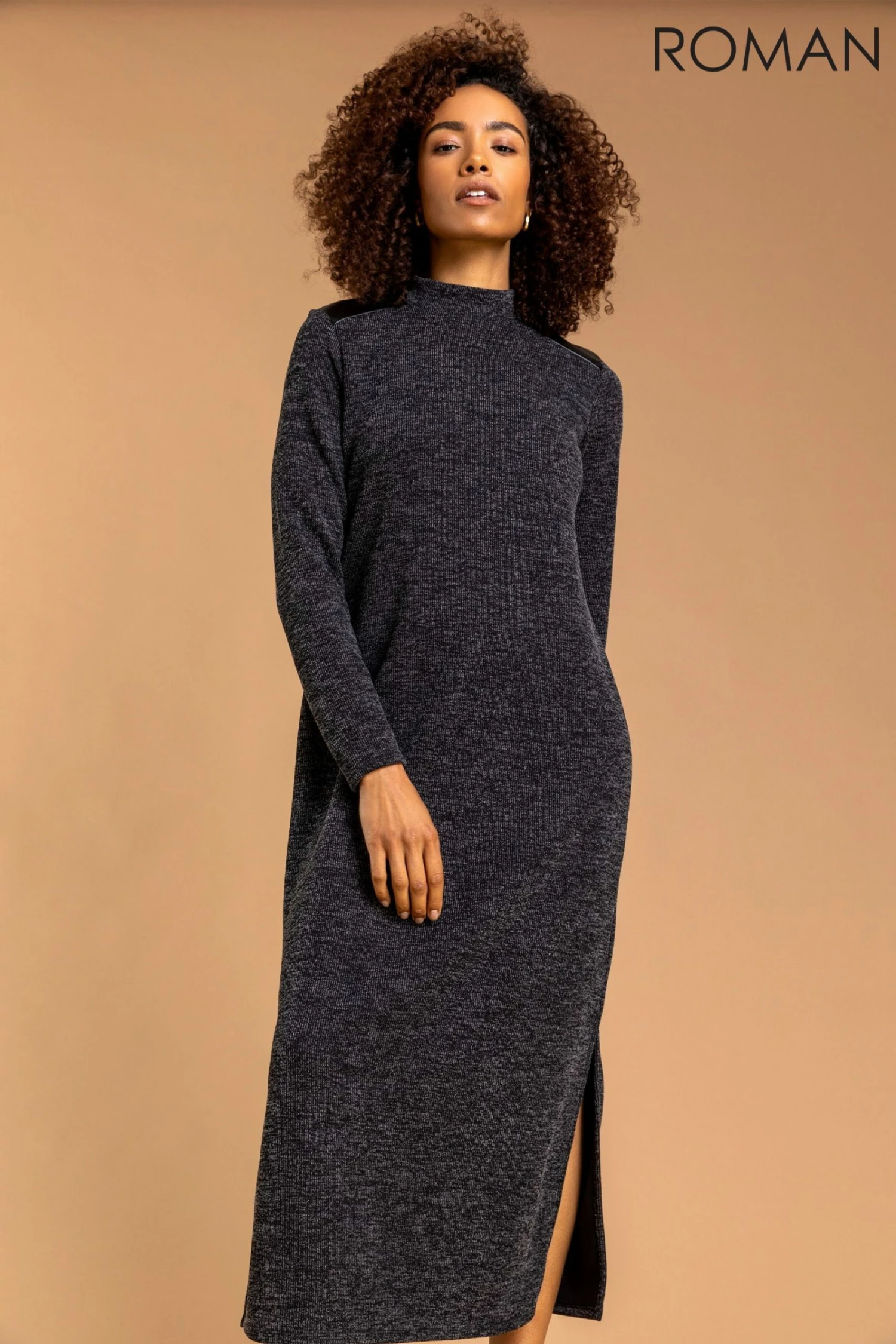 Roman Grey Ribbed Knit Midi Dress 3 Roman Grey Ribbed Knit Midi Dress