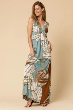 Roman Blue Abstract Leaf Print V Neck Maxi Dress -Roman Sales Shop unnamed file 473
