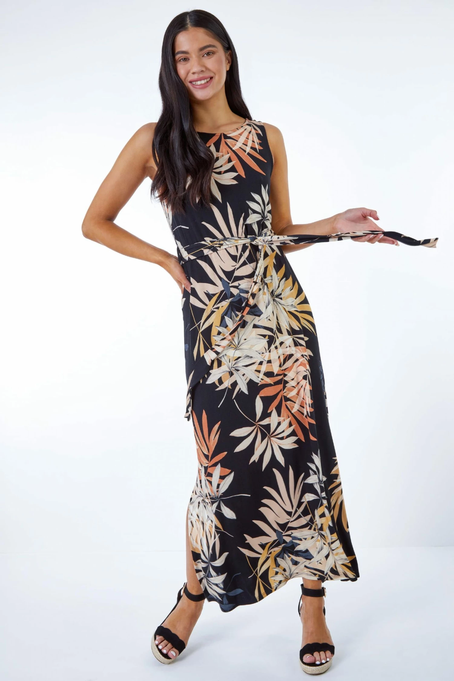 Roman Black Petite Leaf Print Stretch Jersey Column Dress 3 Roman Black Petite Leaf Print Stretch Jersey Column Dress