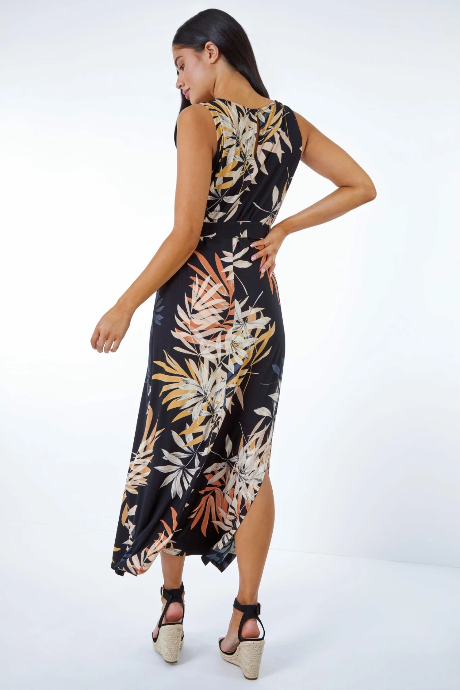 Roman Black Petite Leaf Print Stretch Jersey Column Dress 5 Roman Black Petite Leaf Print Stretch Jersey Column Dress - Image 3