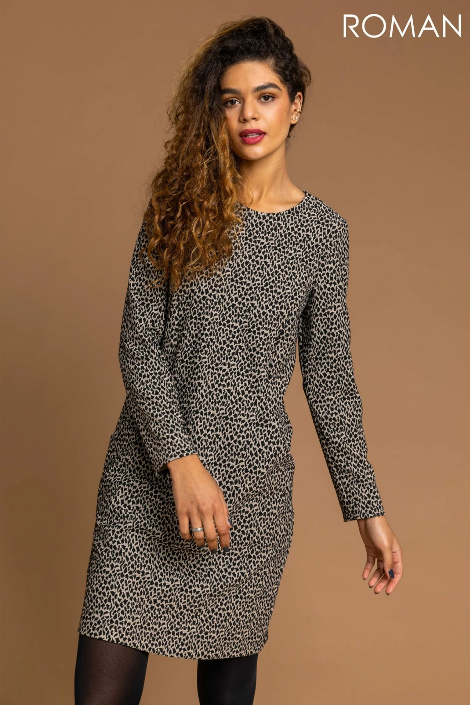 Roman Brown Animal Print Ponte Shift Dress 3 Roman Brown Animal Print Ponte Shift Dress