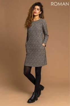 Roman Brown Animal Print Ponte Shift Dress 8 Roman Brown Animal Print Ponte Shift Dress -Roman Sales Shop unnamed file 4740
