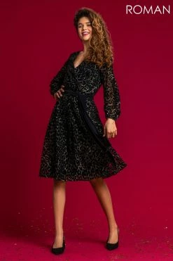 Roman Black Shimmer Animal Print Lace Wrap Dress