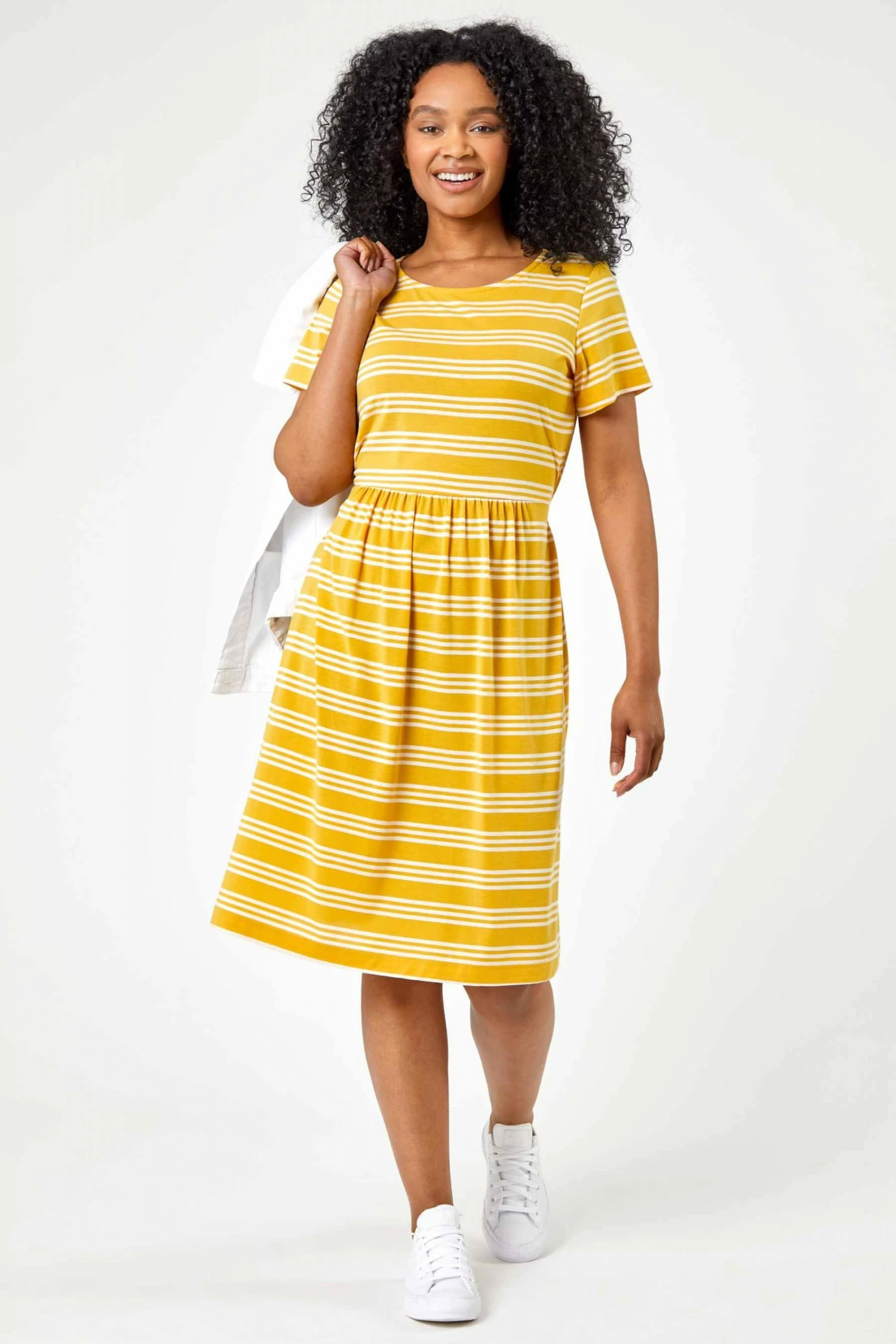 Roman Yellow Petite Stripe Print Skater Dress 4 Roman Yellow Petite Stripe Print Skater Dress - Image 2