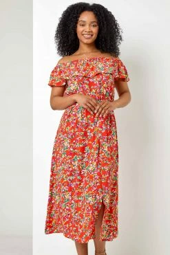 Roman Red Petite Ditsy Floral Print Bardot Dress