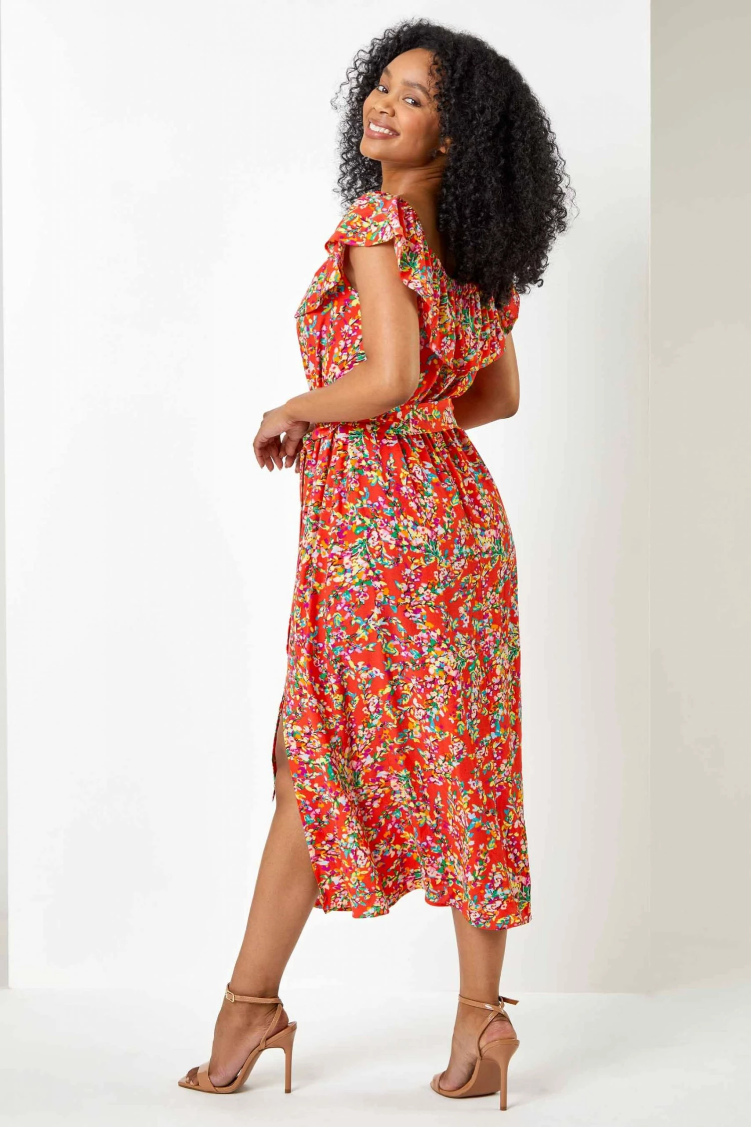 Roman Red Petite Ditsy Floral Print Bardot Dress 4 Roman Red Petite Ditsy Floral Print Bardot Dress - Image 2
