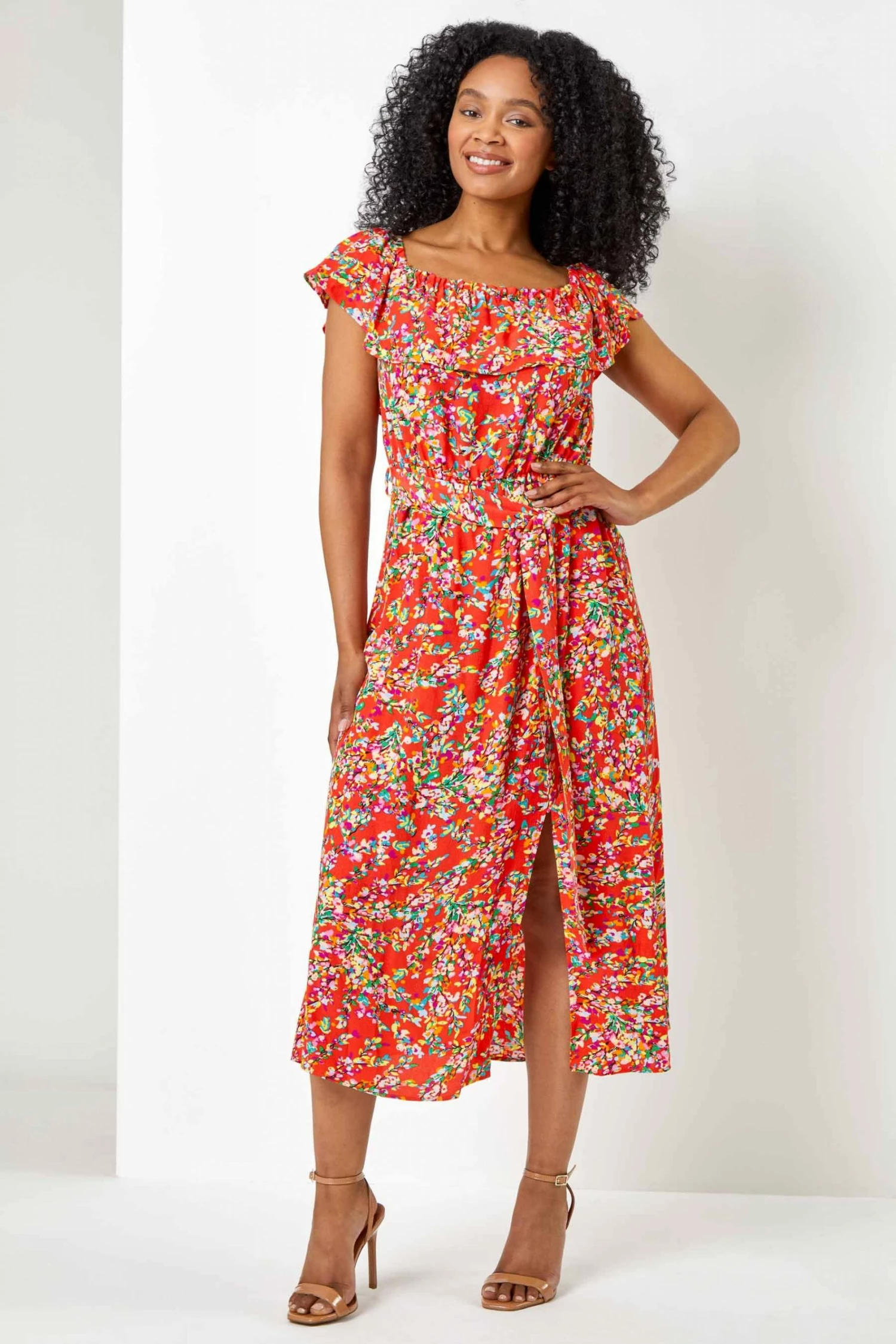 Roman Red Petite Ditsy Floral Print Bardot Dress 6 Roman Red Petite Ditsy Floral Print Bardot Dress - Image 4