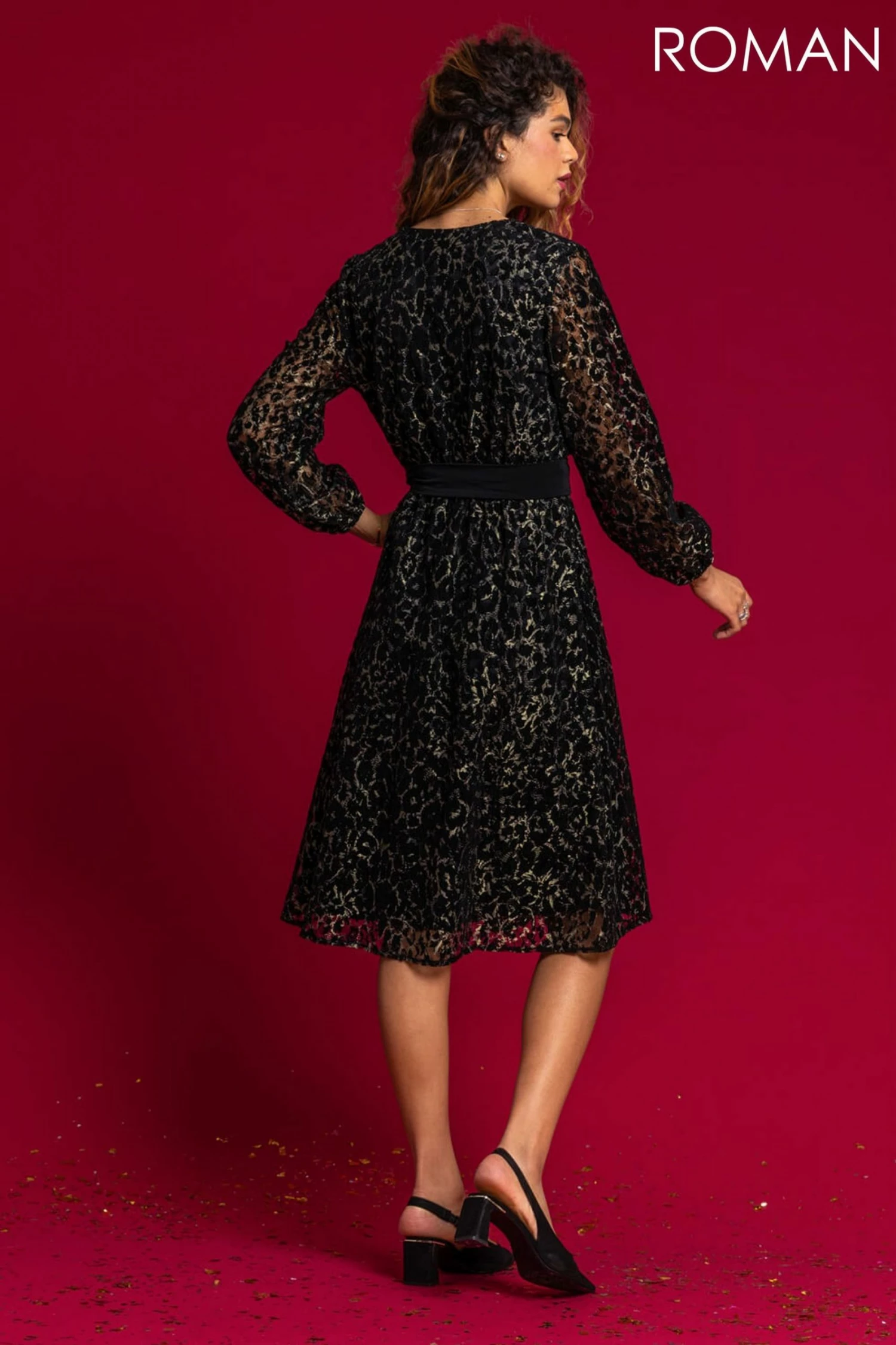 Roman Black Shimmer Animal Print Lace Wrap Dress 4 Roman Black Shimmer Animal Print Lace Wrap Dress - Image 2