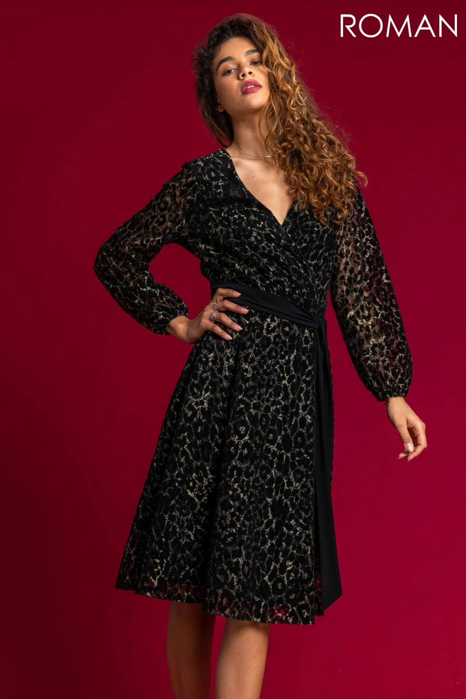 Roman Black Shimmer Animal Print Lace Wrap Dress 5 Roman Black Shimmer Animal Print Lace Wrap Dress - Image 3