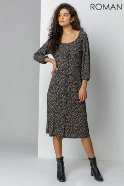 Roman Black Ditsy Floral Print Button Dress