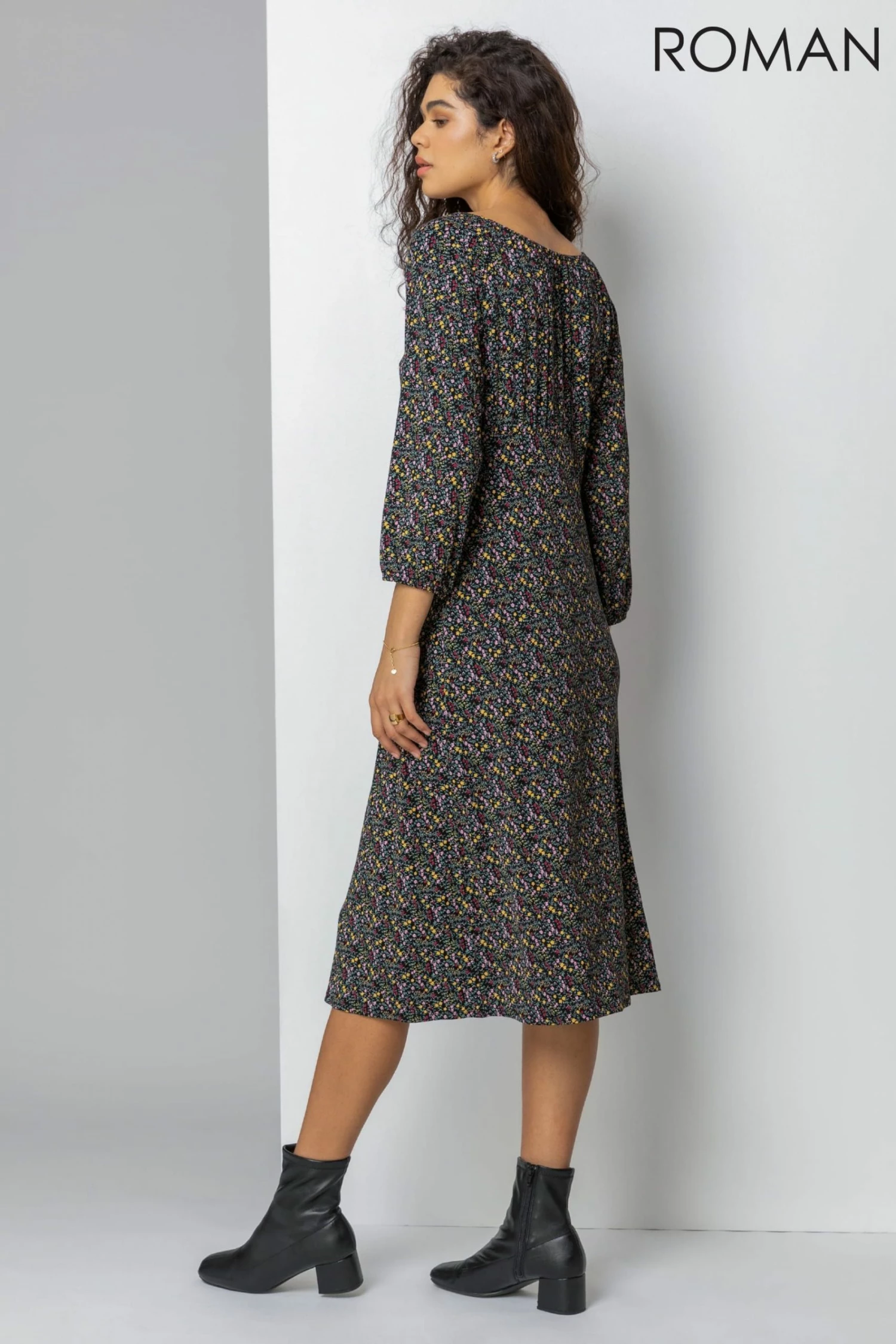 Roman Black Ditsy Floral Print Button Dress 4 Roman Black Ditsy Floral Print Button Dress - Image 2