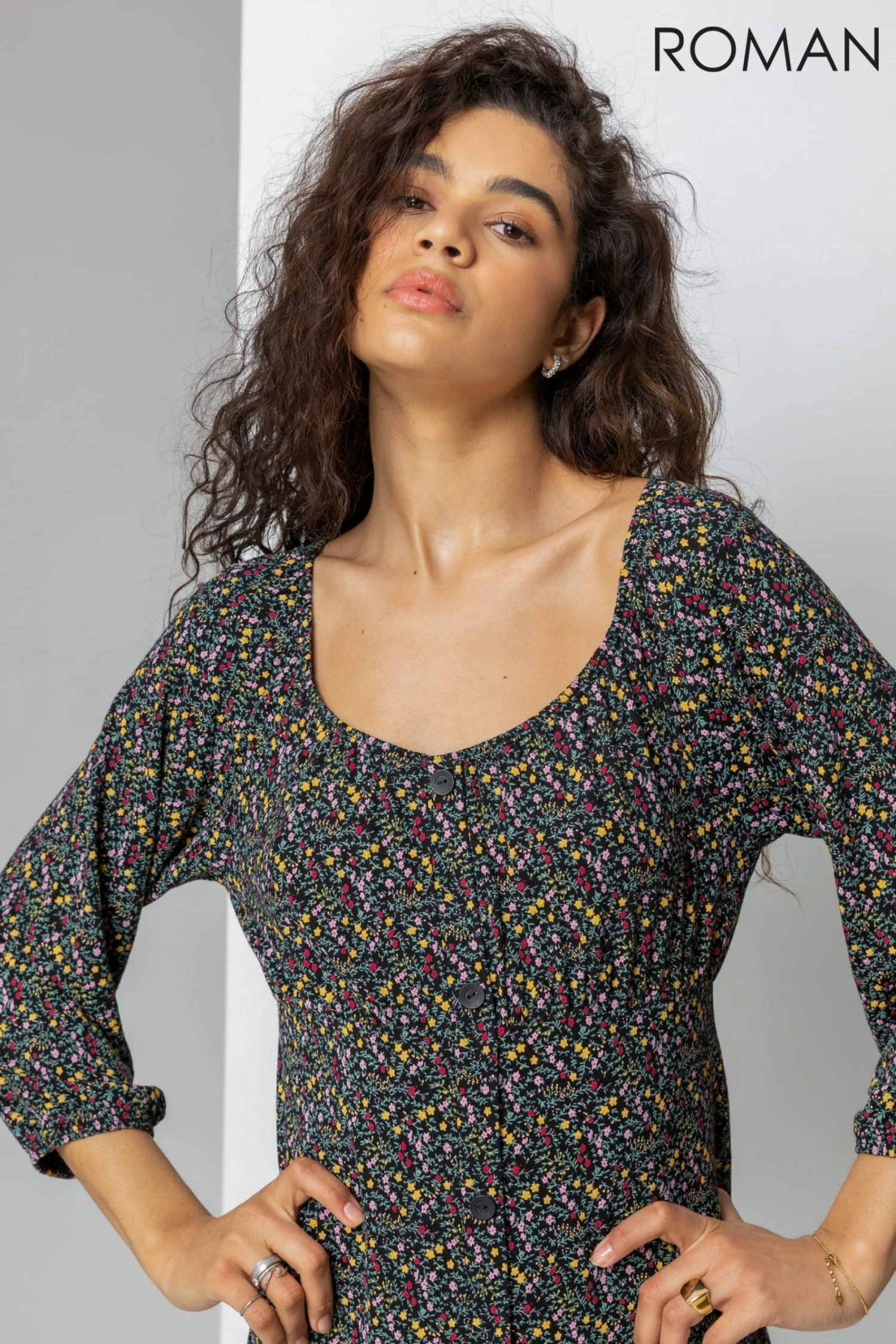 Roman Black Ditsy Floral Print Button Dress 6 Roman Black Ditsy Floral Print Button Dress - Image 4