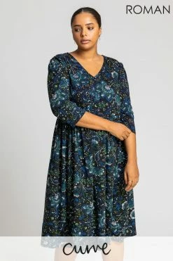 Roman Blue Curve Boho Floral Print Midi Dress