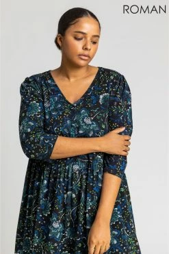 Roman Blue Curve Boho Floral Print Midi Dress -Roman Sales Shop unnamed file 4805