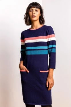 Roman Blue Contrast Stripe Print Jumper Dress