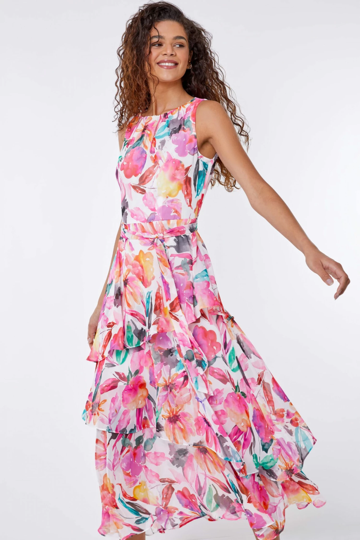 Roman Pink Multi Floral Print Frill Midi Dress 3 Roman Pink Multi Floral Print Frill Midi Dress