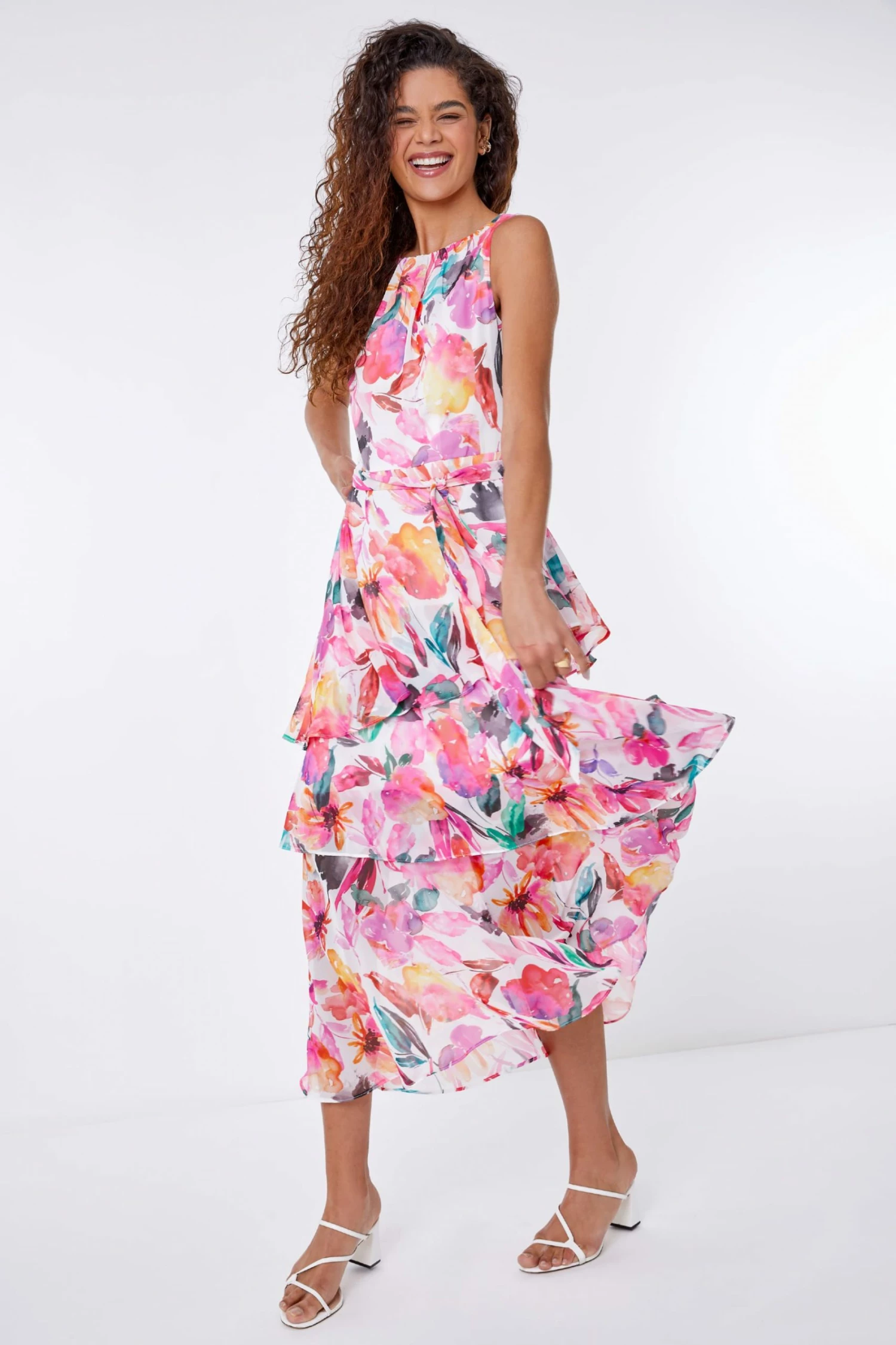 Roman Pink Multi Floral Print Frill Midi Dress 5 Roman Pink Multi Floral Print Frill Midi Dress - Image 3