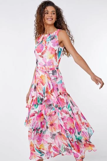 Roman Pink Multi Floral Print Frill Midi Dress 8 Roman Pink Multi Floral Print Frill Midi Dress - Image 6