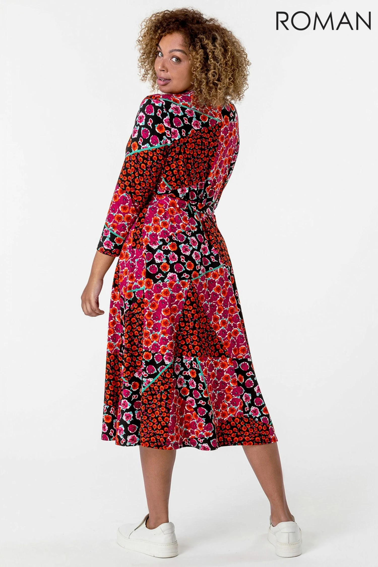 Roman Red Curve Patchwork Floral Print Wrap Dress 4 Roman Red Curve Patchwork Floral Print Wrap Dress - Image 2