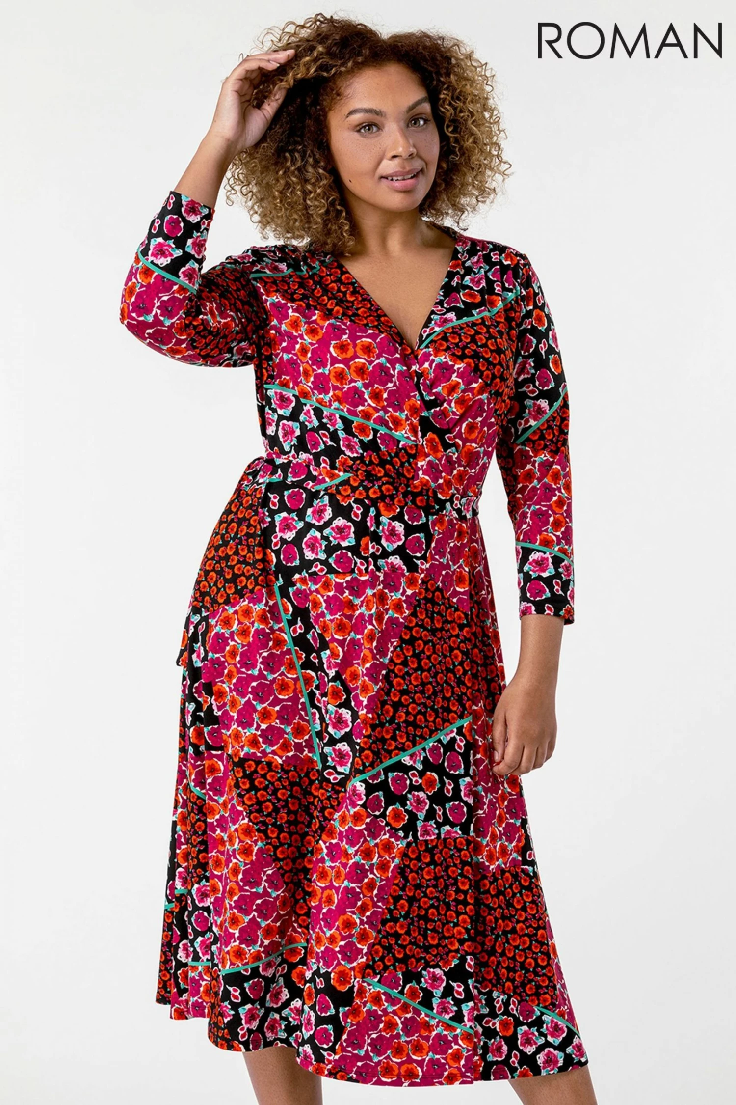 Roman Red Curve Patchwork Floral Print Wrap Dress 5 Roman Red Curve Patchwork Floral Print Wrap Dress - Image 3