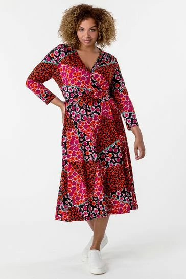 Roman Red Curve Patchwork Floral Print Wrap Dress 8 Roman Red Curve Patchwork Floral Print Wrap Dress - Image 6