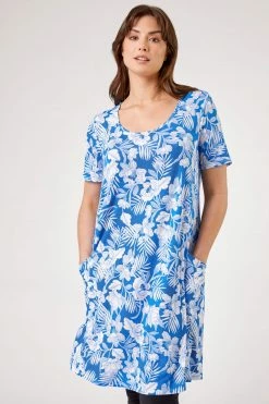 Roman Blue Abstract Print Pocket Slouch Dress