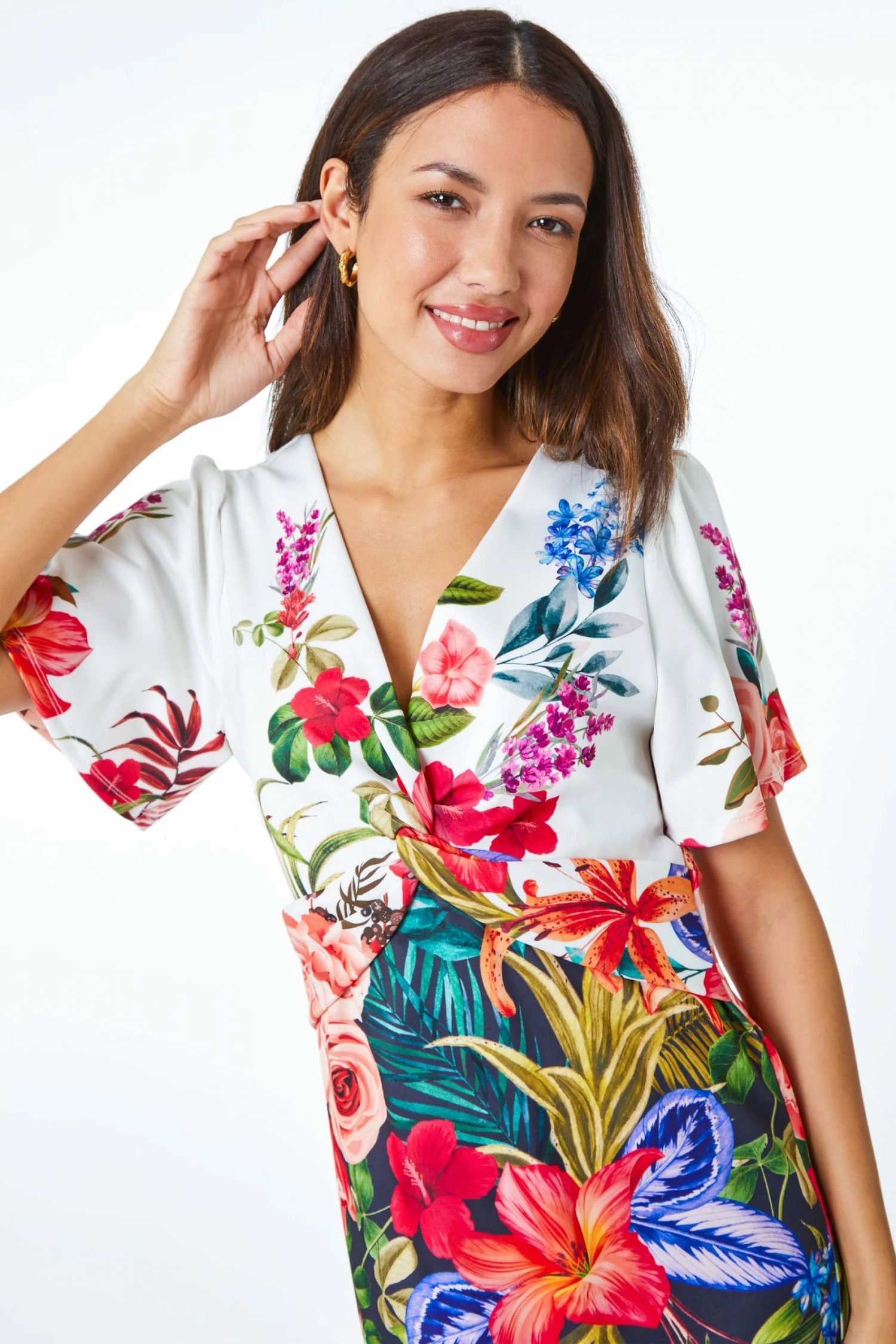 Roman Blue & White Floral Print Twist Front Scuba Dress 6 Roman Blue & White Floral Print Twist Front Scuba Dress - Image 4