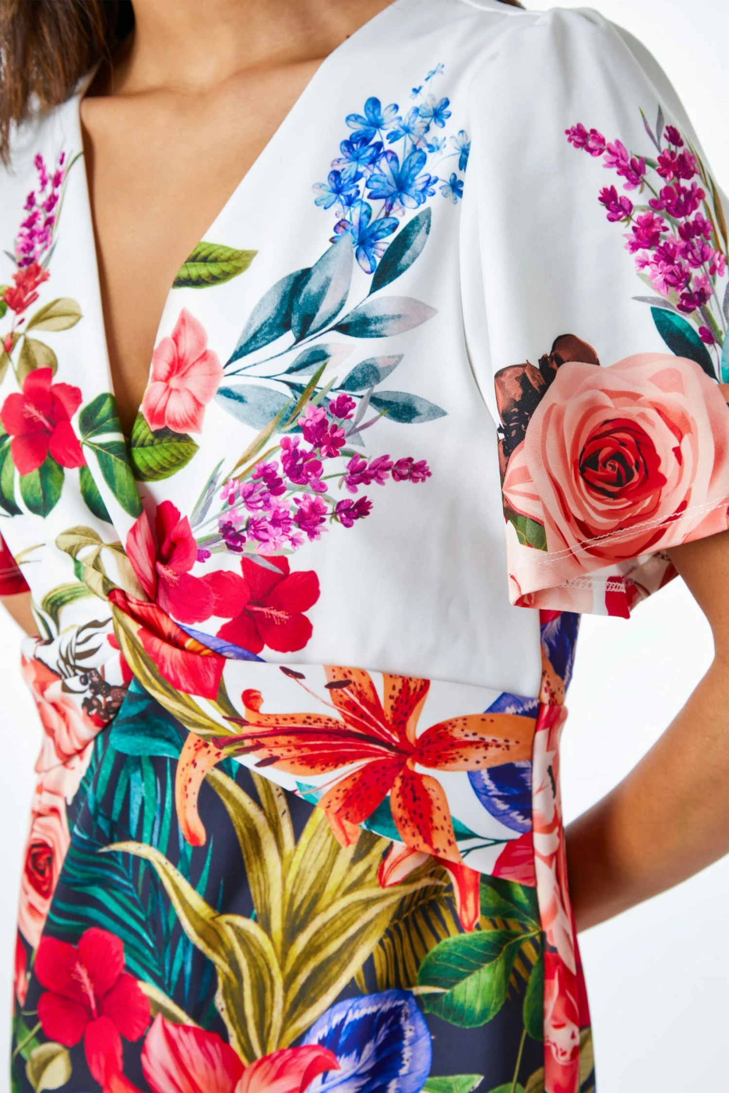 Roman Blue & White Floral Print Twist Front Scuba Dress 7 Roman Blue & White Floral Print Twist Front Scuba Dress - Image 5