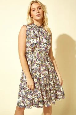 Roman Black Floral Print Tie Waist Tea Dress