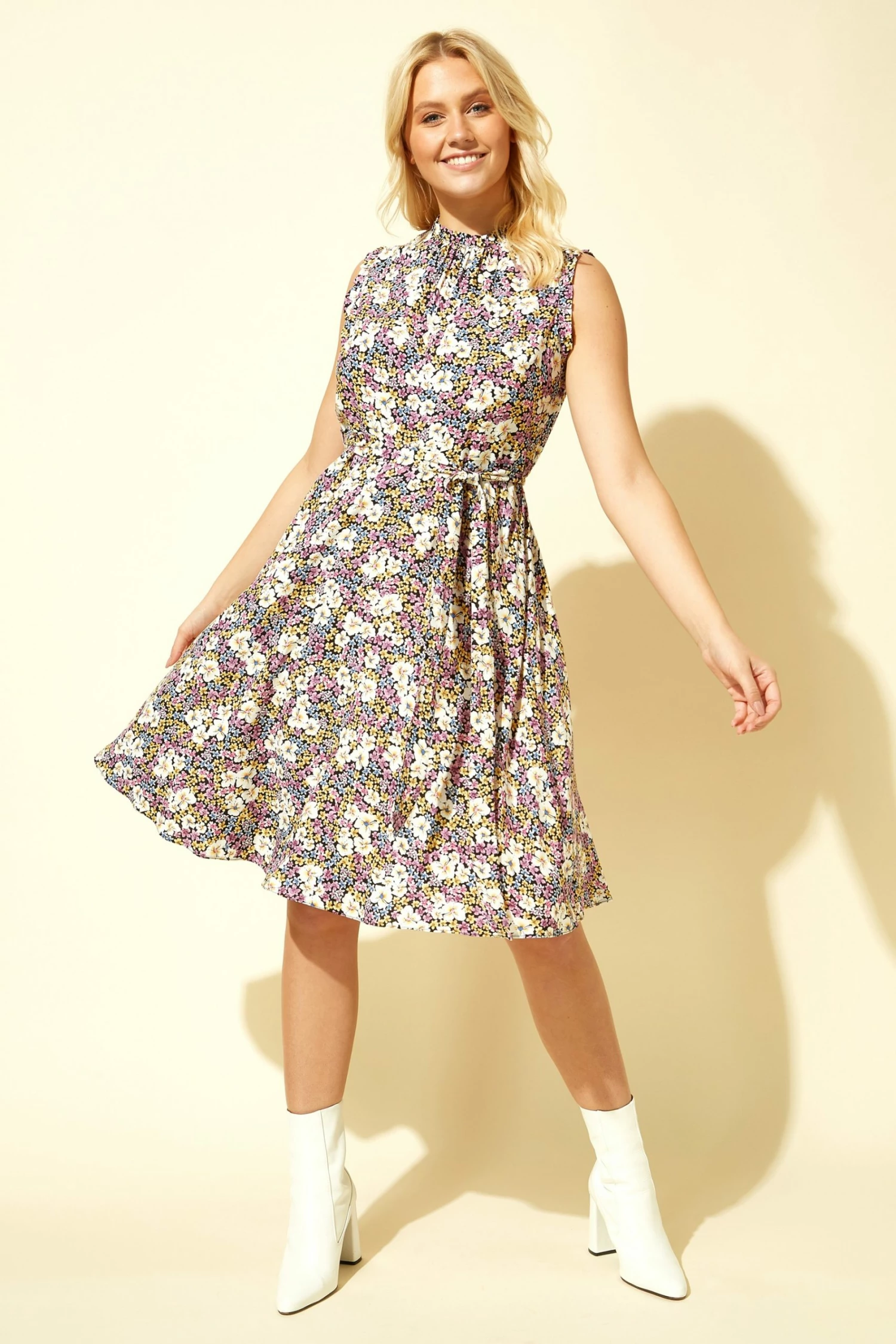 Roman Black Floral Print Tie Waist Tea Dress 5 Roman Black Floral Print Tie Waist Tea Dress - Image 3