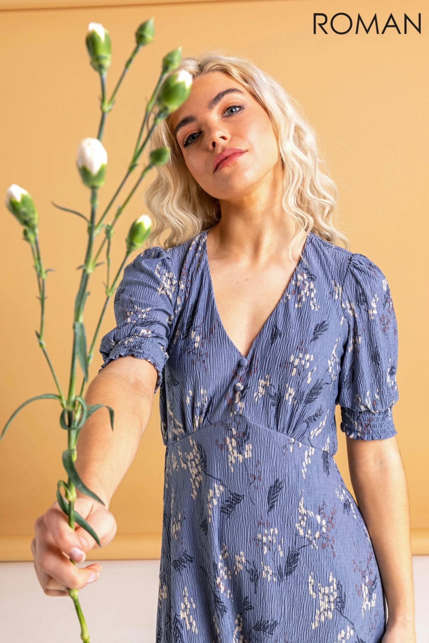 Roman Blue Floral Shirred Cuff Tea Dress 6 Roman Blue Floral Shirred Cuff Tea Dress - Image 4