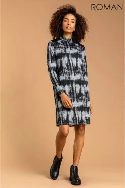 Roman Grey Tie Dye Faux Leather Trim Dress -Roman Sales Shop unnamed file 4867