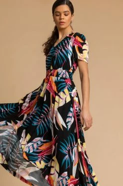 Roman Black Tropical Palm Shirred Waist Maxi Dress