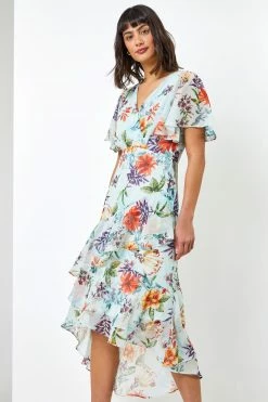 Roman Blue Multi Floral Frill Tiered Midi Dress