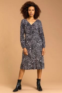 Roman Black Abstract Animal Twist Detail Dress